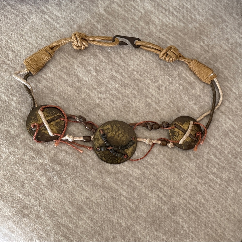 Belt Hammered Metal Cording Metal Wooden Beads Vintage 80s